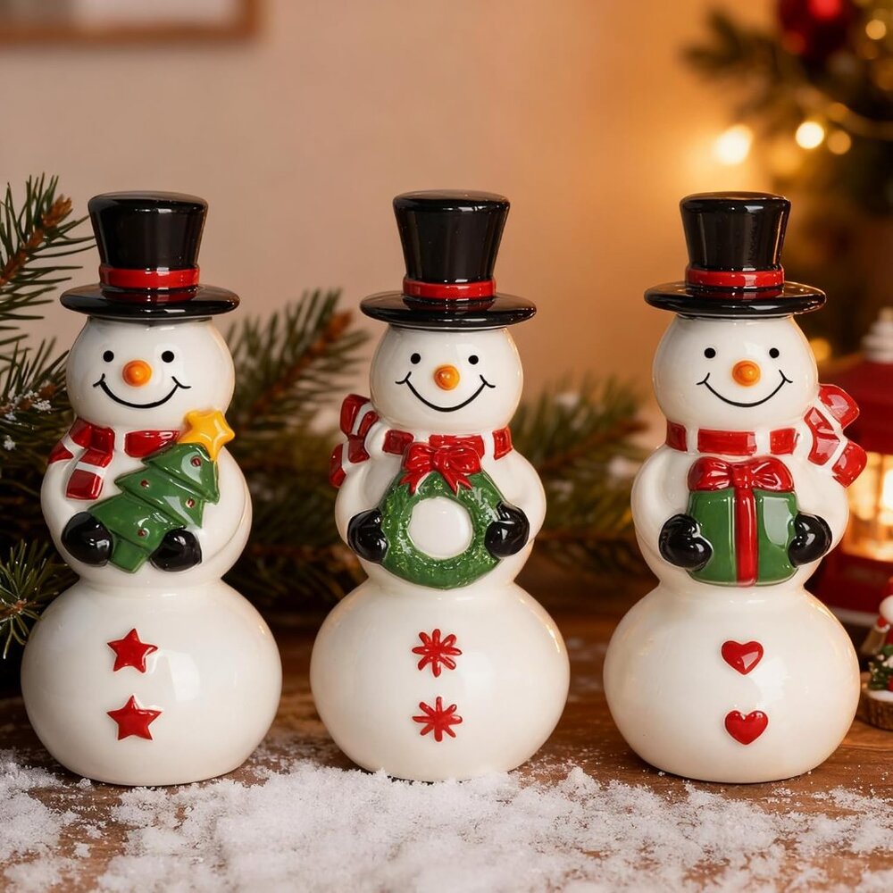 Set Of 3 Ceramic Cute Snowman Ornaments Christmas Figurines Decorations